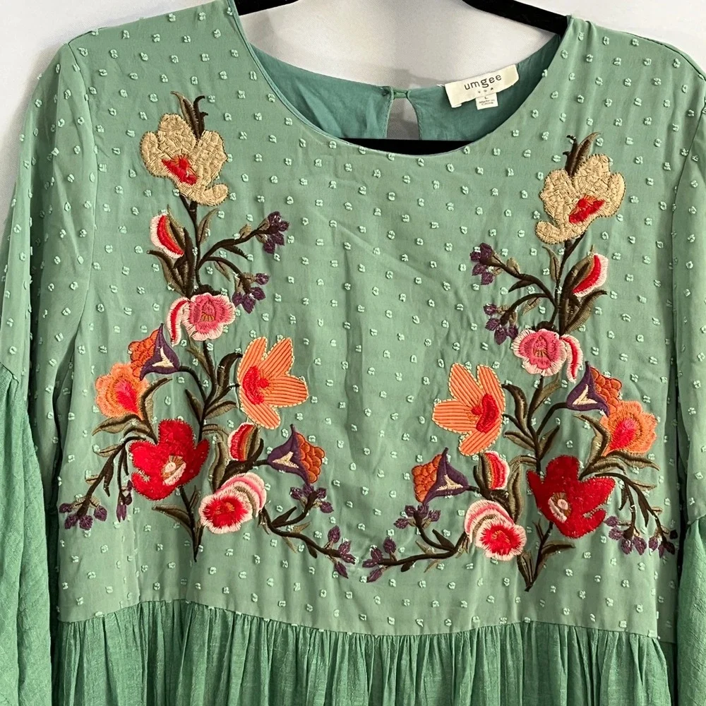 Umgee Floral Embroidered Mini Dress Tunic Womens Sz L Green Boho Garden Wedding - Picture 6 of 11